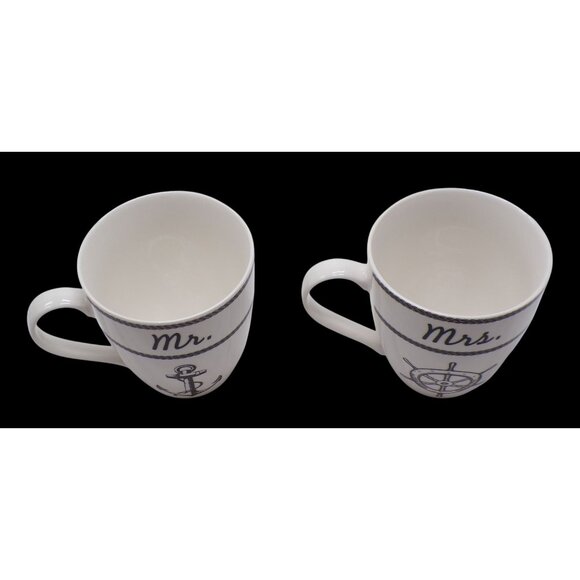 Pfaltzgraff Set-2 Mr. & Mrs. Anchor & Wheel Nautical Theme Large Coffee Mugs - Picture 3 of 8